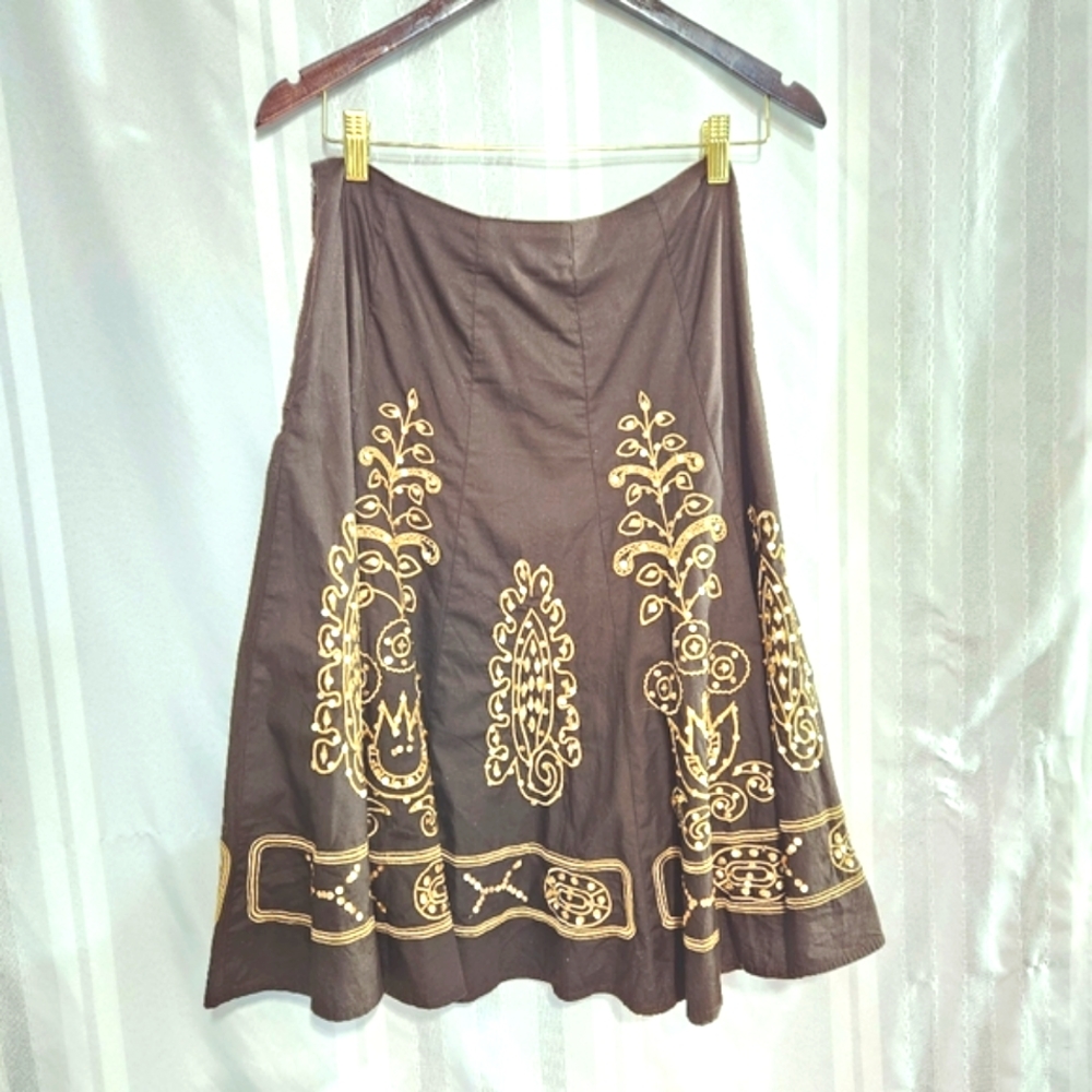 SUNNY LEIGH BOHO GYPSY BROWN & GOLD EMBROIDERED SKIRT SIZE 6p